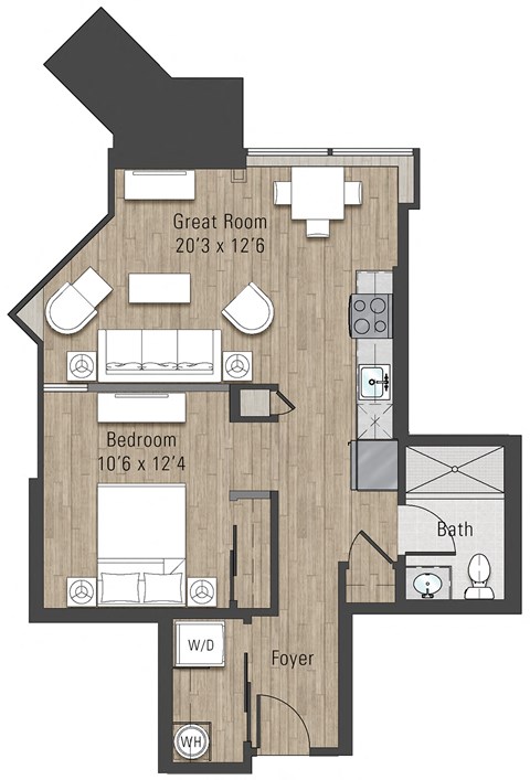 Floor plan for 1 bed, 1 bath, 700 sqft